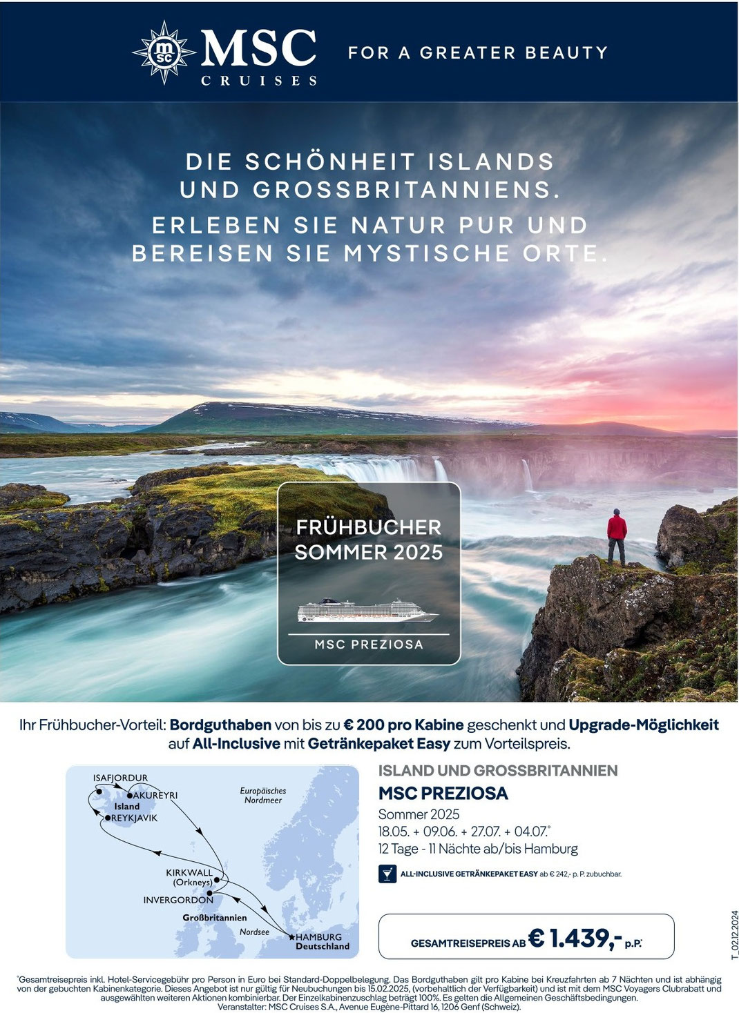 MSC Kreuzfahrten ab Hamburg zum Nordkap Norwegen, Suite Aurea & MSC Yacht Club Suite ab 2.299