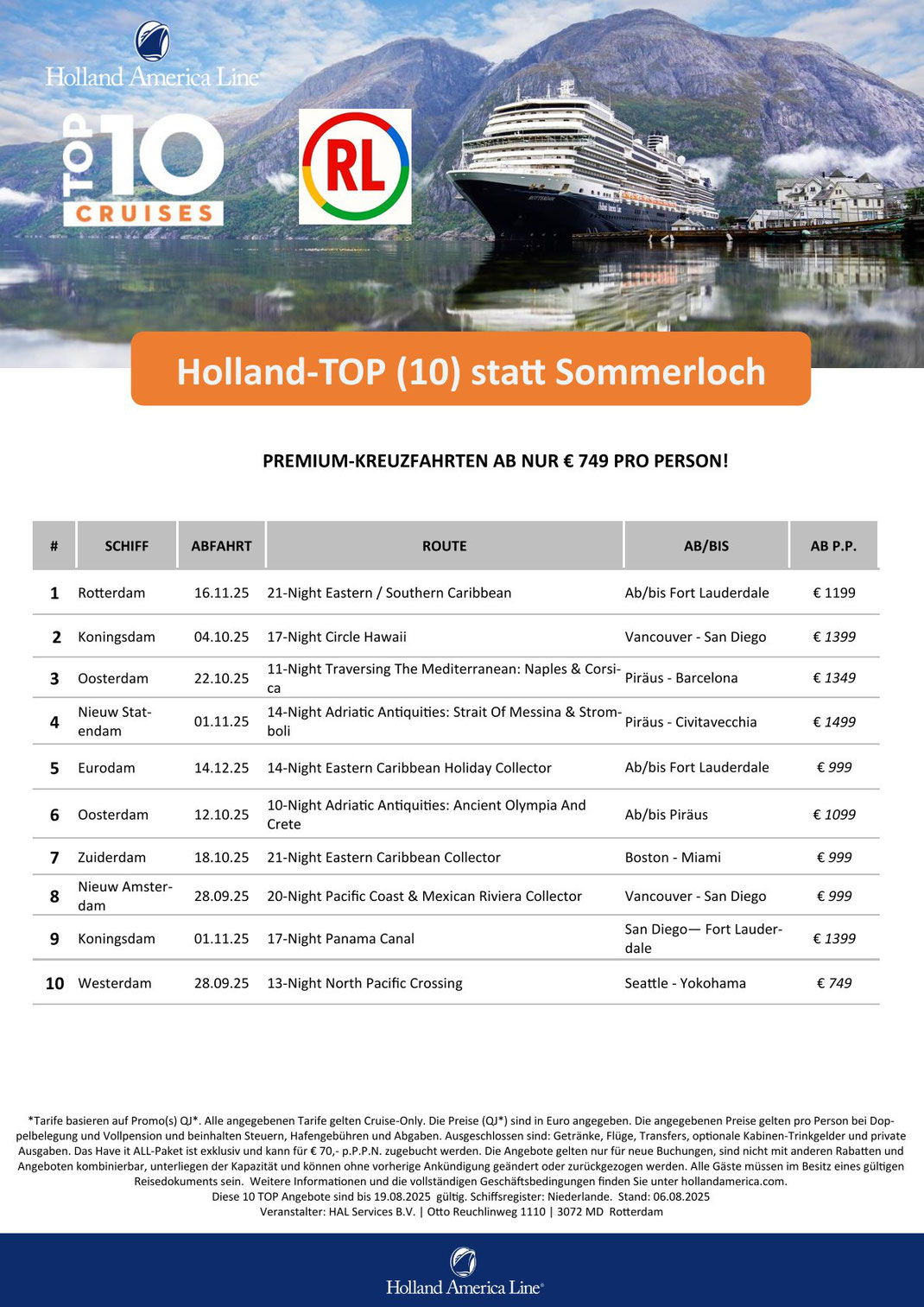 Holland America Line reduzierte Angebote zum TOP-10 Tarif HAL Kreuzfahrt September Oktober Dezember 2025 Buchung Reisebüro Reiselotsen Hamburg