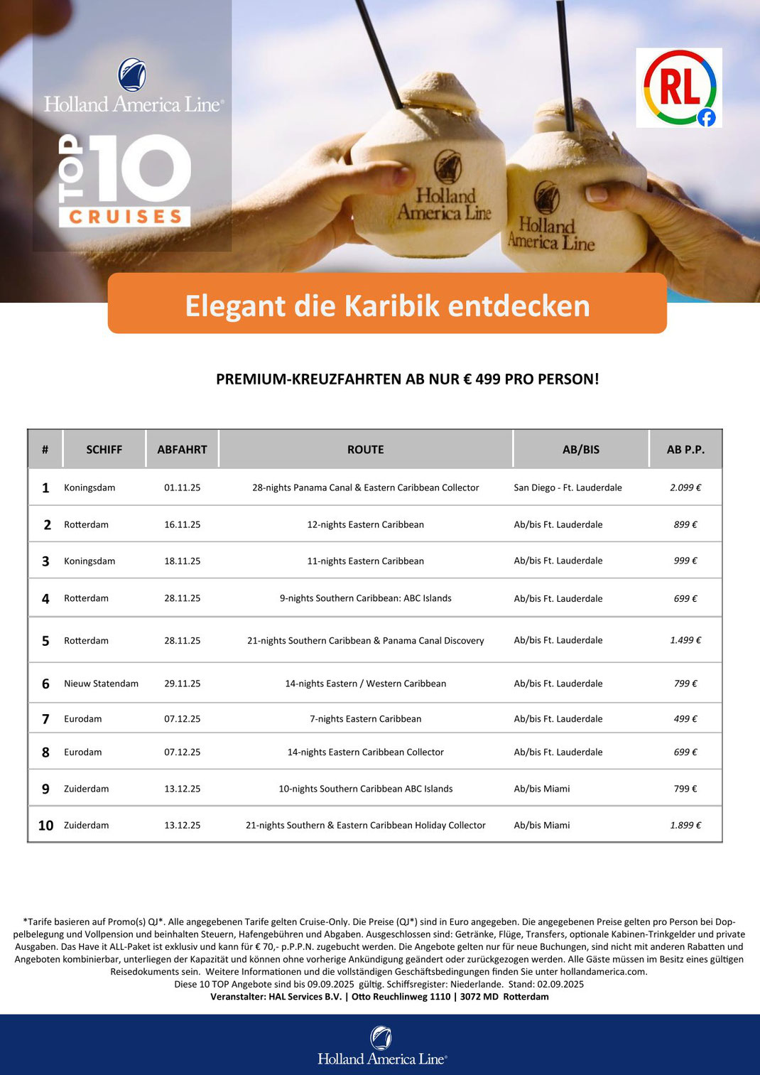 Holland America Line reduzierte Angebote zum TOP-10 Tarif HAL Kreuzfahrt September Oktober Dezember 2025 Buchung Reisebüro Reiselotsen Hamburg