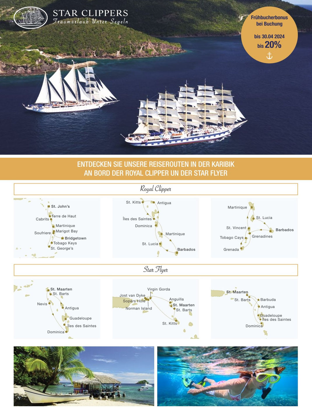 Segelkreuzfahrten Karibik 2024-2025 mit Star Flyer & Segelurlaub Karibik SY Royal Clipper