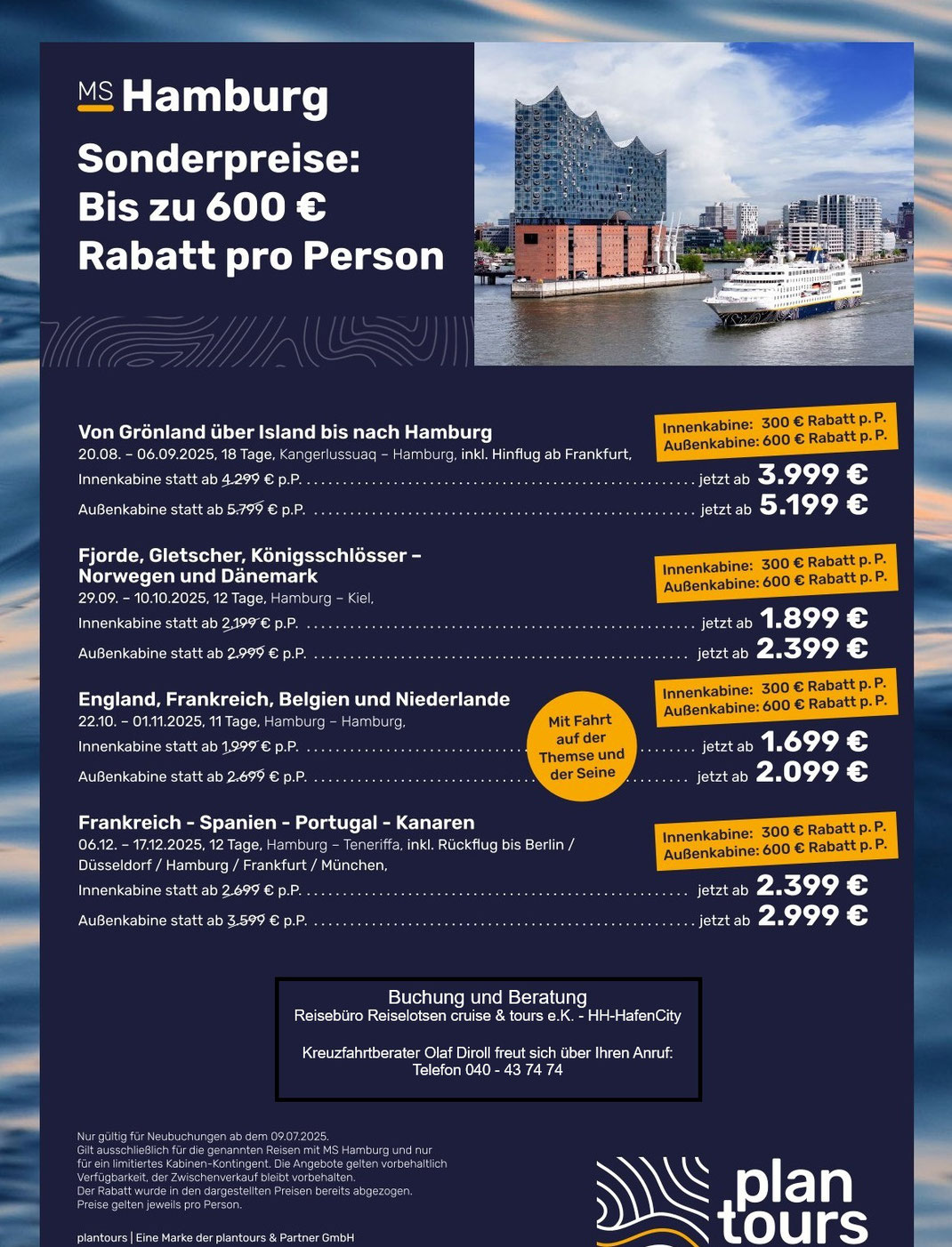 Kreuzfahrt mit MS Hamburg jetzt bis zu 600 Euro Rabatt pro Person sicern | Kreuzfahrt Grönland - Island - Hamburg mit Hinflug August  September 2025-2026