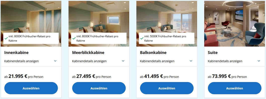 Darstellung der Kabinenauswahl für die AIDA Weltreise 2027 mit Innenkabine, Meerblickkabine, Balkonkabine und Suite, jeweils mit Preisangaben und Frühbucher‑Ermäßigungen; präsentiert vom Partner Reisebüro Reiselotsen Hamburg