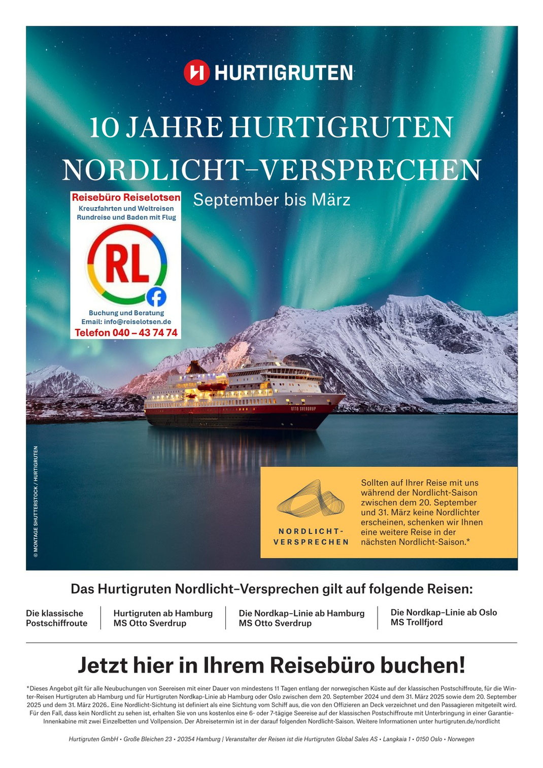 Hurtigruten: Die beste Reisezeit für Polarlichter von September bis März inkl. Hurtigruten Nordlich-Versprechen - Beratung und Buchung Hurtigruten Partner-Reisebüro Reiselotsen Hafencity Hamburg 