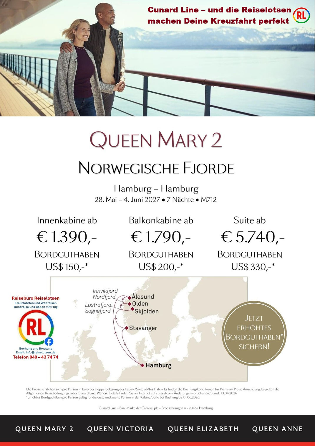 Norwegische Fjorde Cunard Line Kreuzfahrt ab/bis Hamburg am 28.Mai 2027 mit Queen Mary 2 - Buchung im Cunard Reisebüro Reiselotsen Hamburg