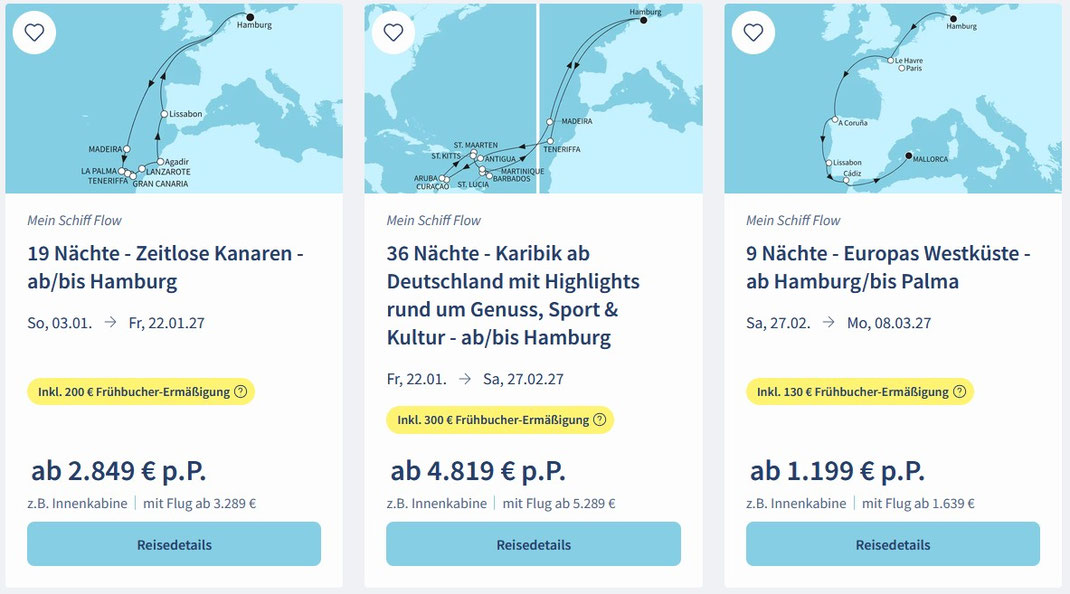 Flyer mit drei Mein‑Schiff Kreuzfahrtangeboten für Mittelmeer, Karibik und westliches Mittelmeer, jeweils mit Routenkarte, Reisedaten, Schiffsnamen und Preisen, präsentiert vom Reisebüro Reiselotsen, dem TUI‑Cruises Partner aus der Hamburger HafenCity.
