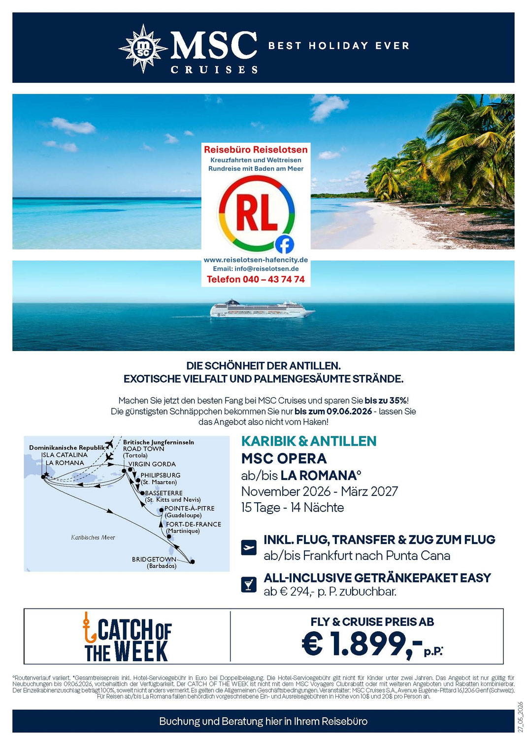 MSC Karibik Kreuzfahrt ab/bis Martinique 2 Woochen Karibikreise mit Antillen und Flug ab 1.799,-€ 