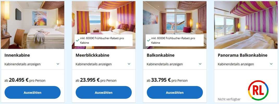 Übersicht der Kabinenkategorien für die AIDA Weltreise 2026 mit Innenkabine, Meerblickkabine, Balkonkabine und Panorama‑Balkonkabine; jeweils mit Preisen und Frühbucher‑Vorteilen, dargestellt in der Buchungsübersicht des Reisebüro Reiselotsen Hamburg