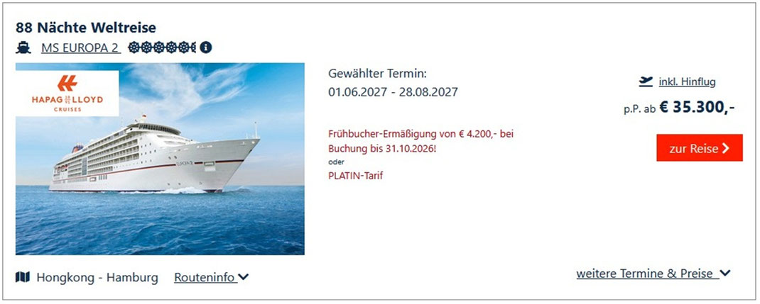 MS EUROPA 2 auf offener See während der 88‑Nächte‑Weltreise 2027 von Hongkong nach Hamburg; mit Angaben zu Reisedaten 01.06.–28.08.2027 Frühbucher‑Ermäßigung und Preis ab 35.300 Euro inklusive Hinflug, vorgestellt vom Partner Reisebüro Reiselotsen Hamburg