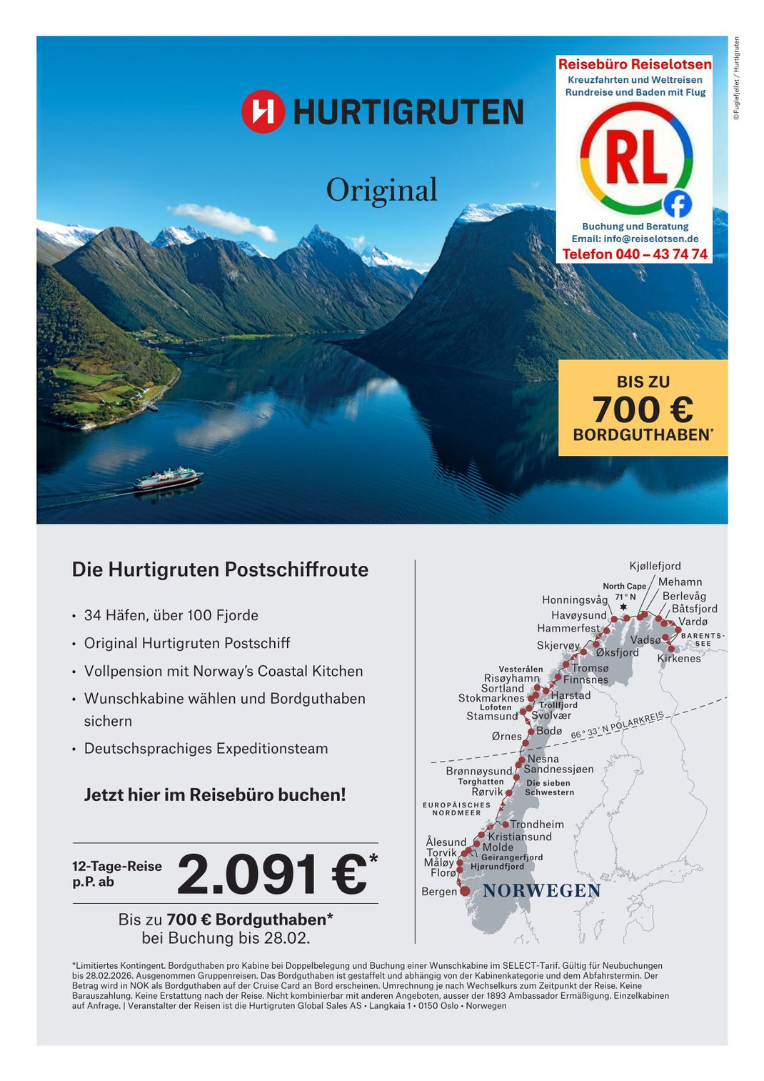 Hurtigruten Postschiffreise ab Bergen bis Kirkenes - auch mit Fluganreise 2026-2027 buchbar - Hurtigruten mit Flug ab Hamburg beim Hamburger Reisebüro Reiselotsen cruise und tours e.K.