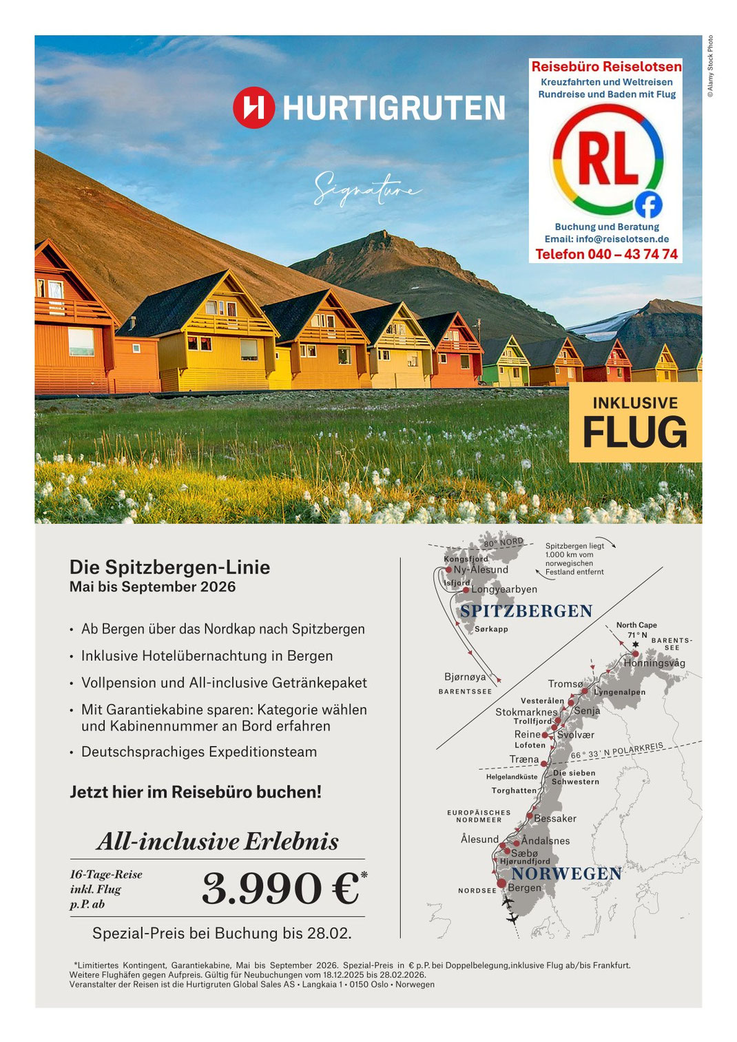 Hurtigruten Spitzbergen Linie ab/bis Hamburg 2026-2027 - Informationen zur Route, Häfen, Landausflügen, Schiffsausstattung und Kabinenauswahl - Hamburger Reisebüro Reiselotsen HafenCity Hamburg berät kompetent und bucht Ihre Kreuzfahrt