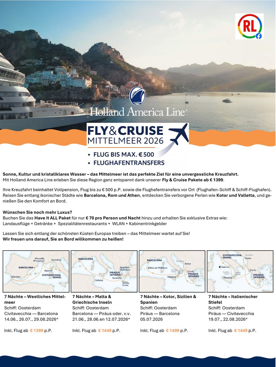 Holland Amerika Line bieten Mittelmeer Kreuzfahrten 2026 zum Frühbucher Special inklusive Flug an | Buchung und Beratung HAL beim Reisebüro Reiselotsen Hamburg - Vertragsreisebüro Holland America Line