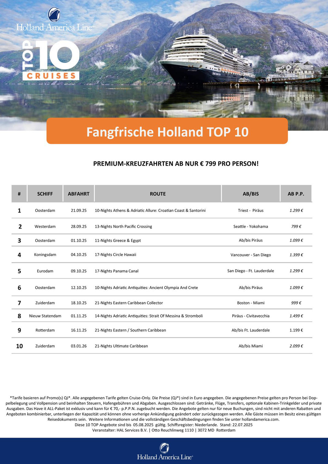 Kreuzfahrt mit Holland America Line TOP-10 reduzierte Angebote telefonisch beim HAL-Vertragsreisebüro Reiselotsen by Olaf Diroll buchen