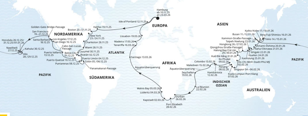 AIDA Weltreise 2025-2026 mit Abreise 10.November 2025 | Buche bei Reiselotsen die Weltumrundung AIDAdiva für 133 Tage ab Hamburg mit Amerika, Ostküste New York, Miami Florida und Westküste Los Angeles San Francisco inkl. Hawaii