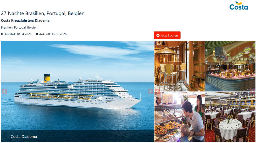 Transreise Südamerika mit Costa Diadema von Brasilien bis Kiel reisen - 18.April bis 15.Mai 2026 ab 1.999 Euro beim reisebüro reiselotsen günstig buchen