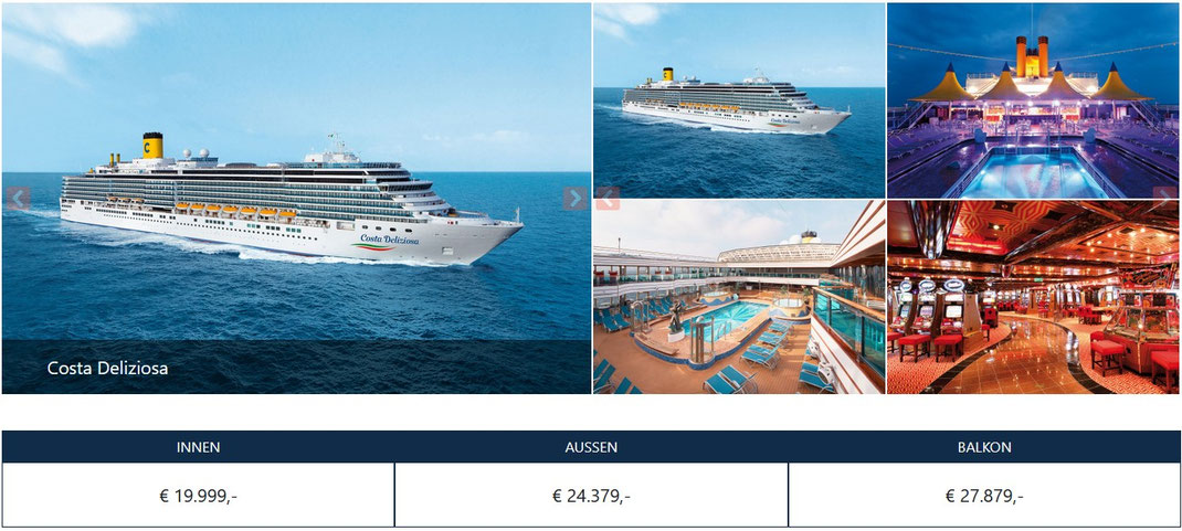 Foto der Costa Deliziosa auf See, aufgenommen während der Fahrt, ergänzt durch kleine Innenaufnahmen des Schiffs mit Kabinen, Restaurants und Deckbereichen. Zeigt das Kreuzfahrtschiff mit Pool – bereit zur Weltreise 2026-2027