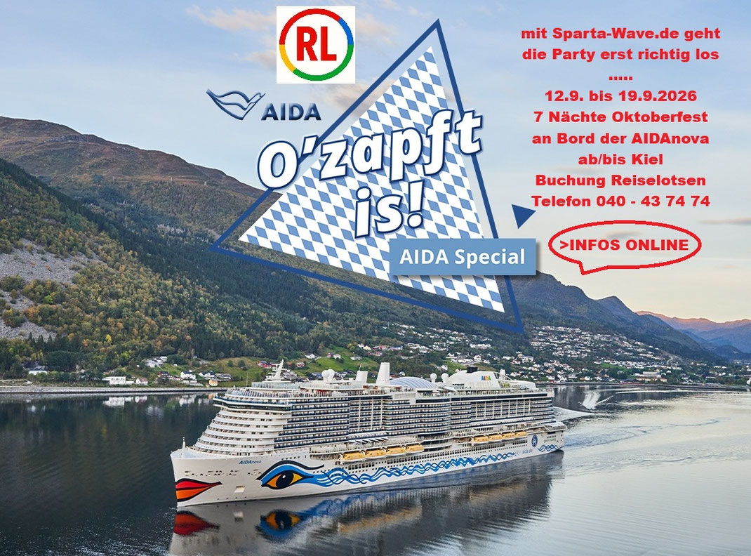 AIDAnova Oktoberfest‑Kreuzfahrt 2026: Norwegische Fjorde & bayerische Stimmung. Buchung: www.Sparta‑Wave.de oder Reisebüro Reiselotsen – 040 / 43 74 74.