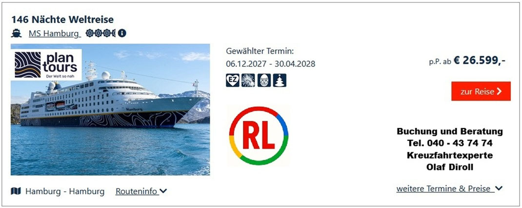 Buchungsmaske Plantours Weltreise mit MS Hamburg ab Hamburg am 6.Dezember 2027-2028 | Reisebüro Reiselotsen bucht zuverlässig Ihre Weltreise