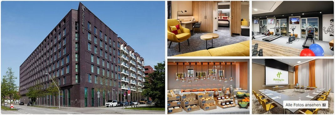 Außenansicht des Komforthotels Holiday Inn Hamburg‑HafenCity in zentraler Lage nahe Westfield Mall und Elbphilharmonie; genutzt vom Cunard Partner Reisebüro Reiselotsen HafenCity Hamburg für Vorübernachtungen im Rahmen gebuchter Weltreisen