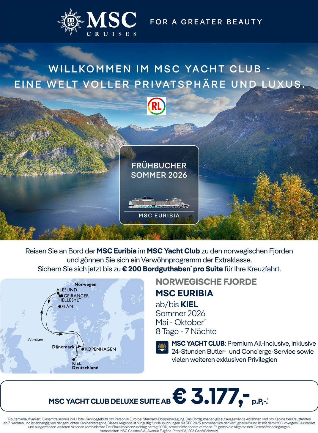 MSC Yacht Club Kreuzfahrt mit MSC Euribia zu Norwegischen Fjorde ab/bis Kiel 2026 in Yacht Club Deluxe Suite beim Reisebüro Reiselotsen