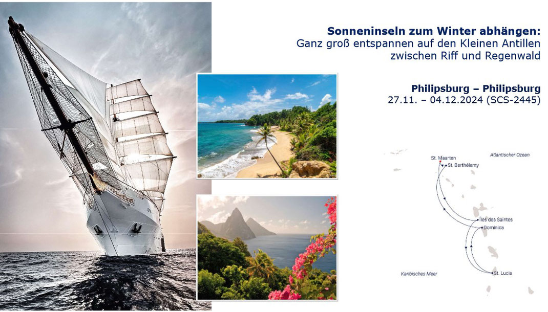 Segelkreuzfahrt Karibik mit Segelschiff Sea Cloud Spirit Großseglerreisen mit Windjammer von Sea Cloud Kleine Antillen November Dezember 2024
