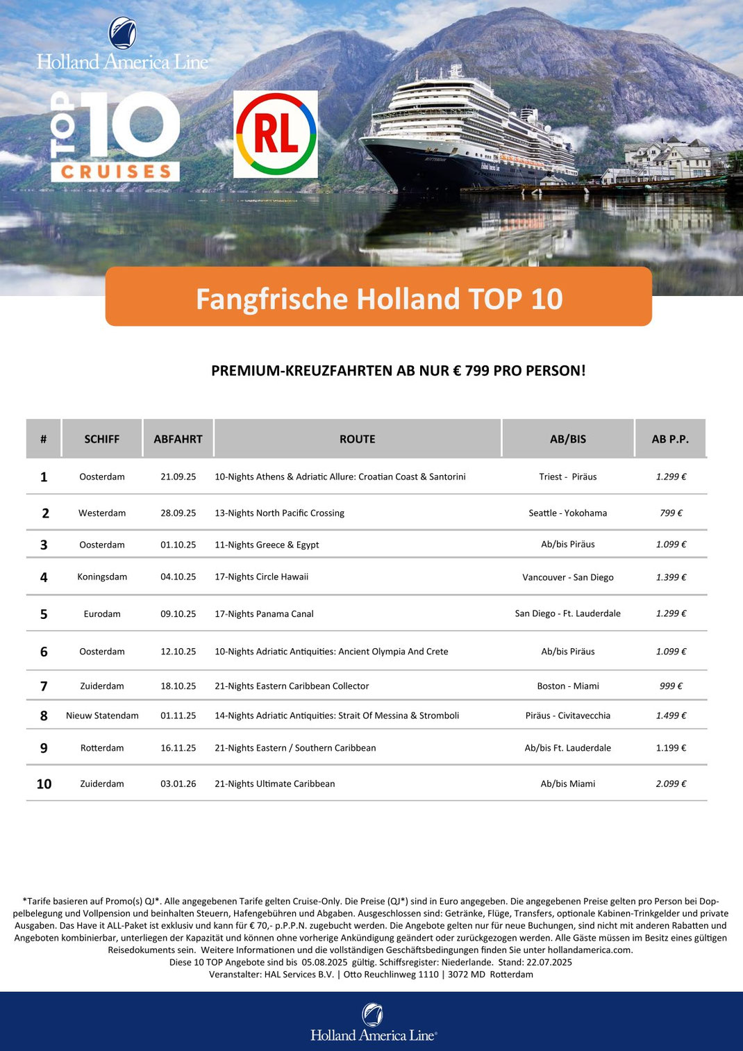 Holland America Line Kreuzfahrten-Deals TOP-10 Angebote und HAL Schnäppchen im Mittelmeer, England, Baltikum und Skandinavien 2025 by Reisebüro Reiselotsen