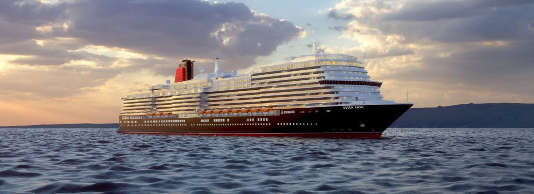 Cunard Line Schiff "Queen Anne" auf dem Weg zur Abholung der Weltreise Gäste ab Hamburg | Buchung im Kreuzfahrtbüro Reiselotsen Hamburg