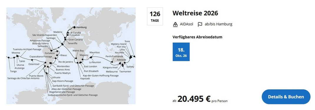 AIDAsol Weltreise 2026 ab und bis Hamburg mit 126‑Tage‑Route über Südamerika, Ozeanien, Australien und Afrika; Weltkarte mit Reisezielen und Preisangabe, vorgestellt vom Partner Reisebüro Reiselotsen Hamburg