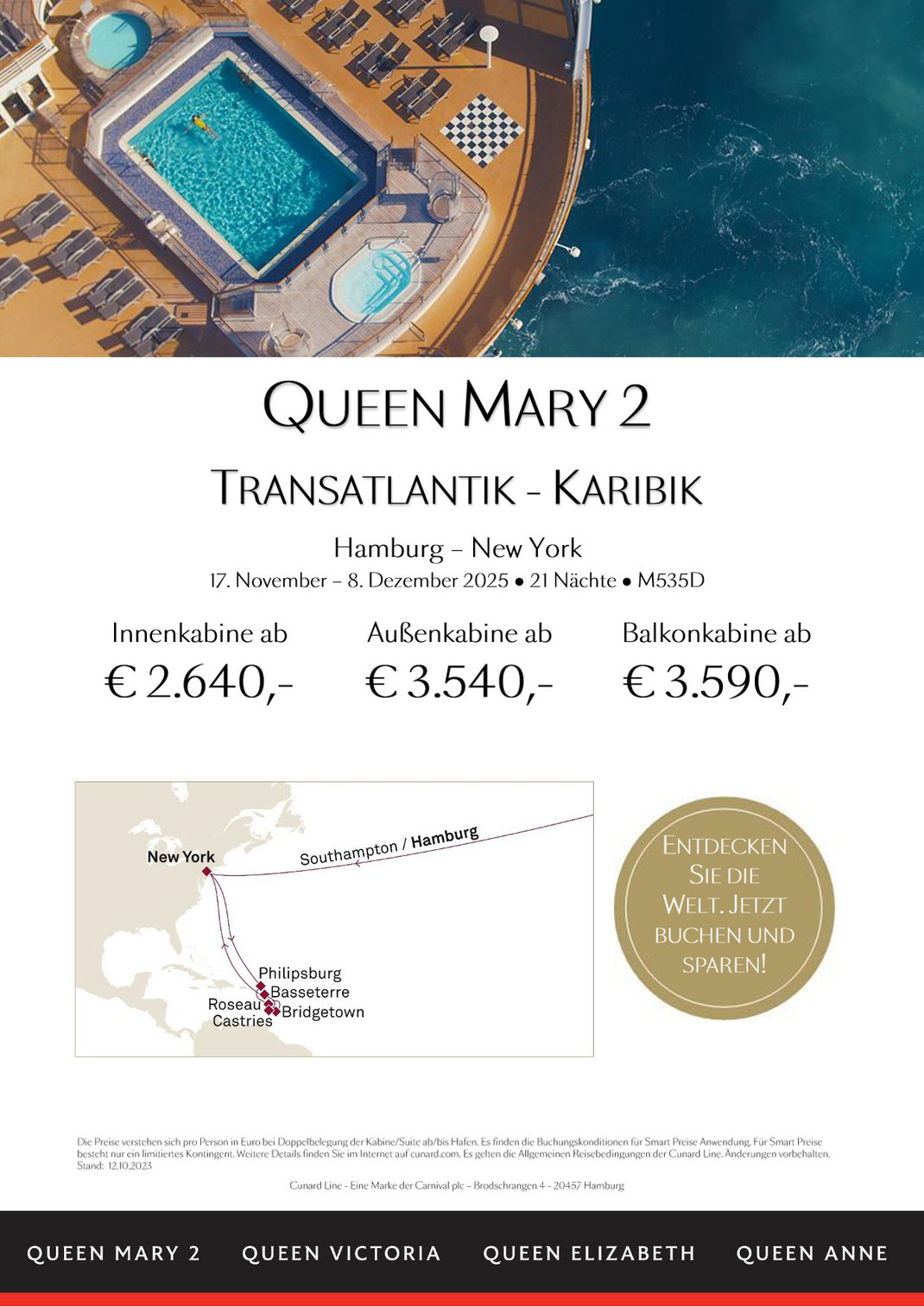 Queen Mary Karibik Kreuzfahrt mit New York ab und bis Hamburg November Dezember 2025 buchen