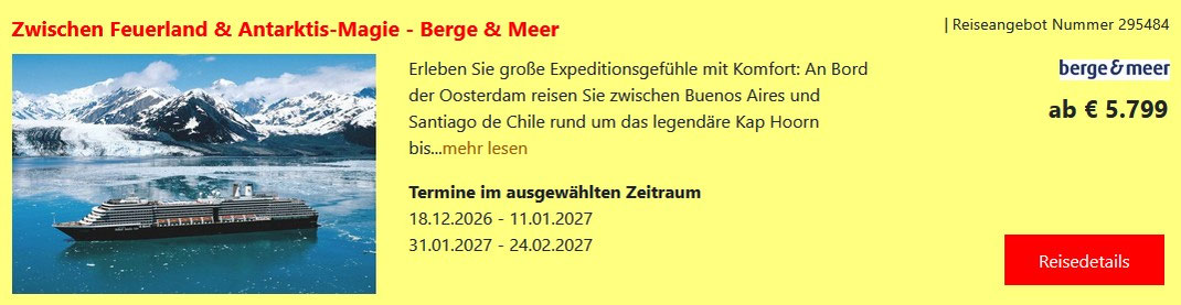 Berge & Meer Kreuzfahrt Südamerika von Buenos Aires bis Santiago de Chile 22 Nächte mit Holland America Line inklusive Flug 2026-2027 - Buchung & Beratung Reisebüro Reiselotsen