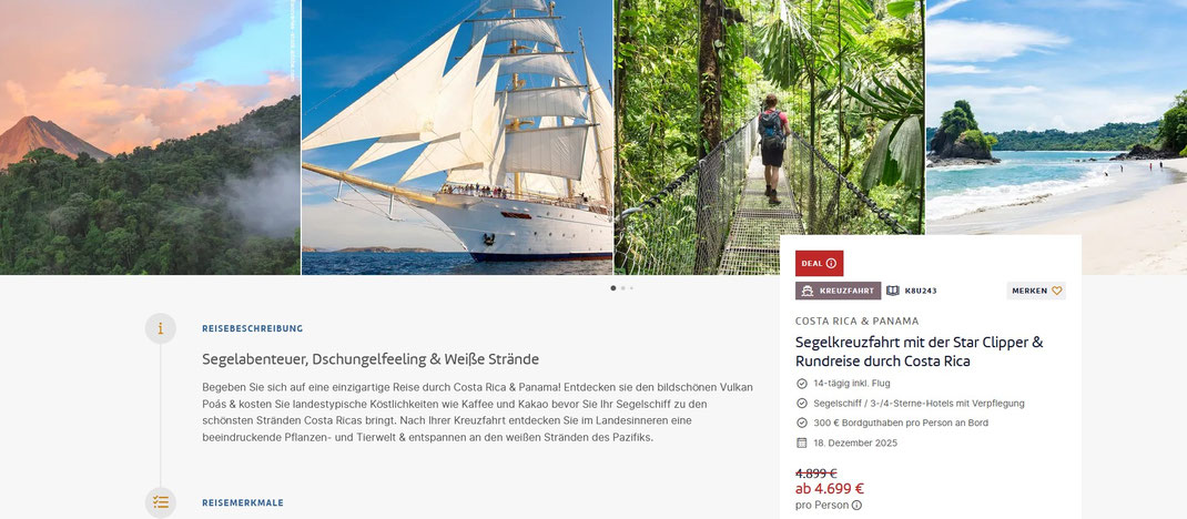 Costa Rica Segelkreuzfahrt Star Clipper mit Rundreise Costa Rica Dezember 2025