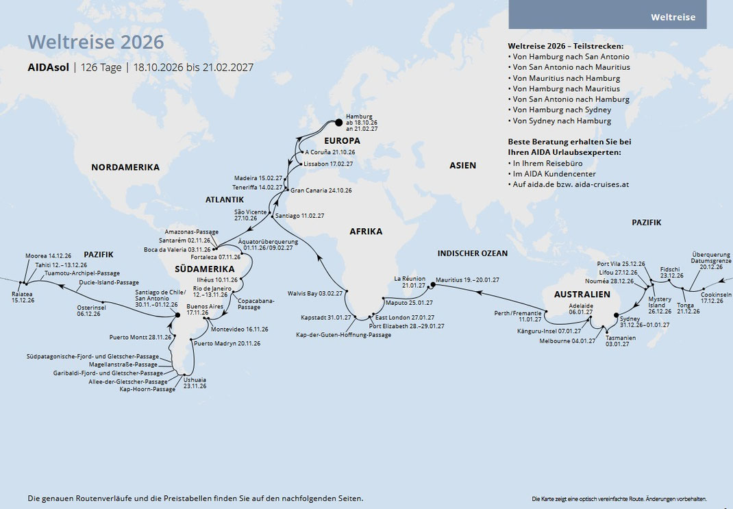 AIDA Weltreise ab Hamburg 2026/2027 Beratung - Weltumrundung in 126 Tagen - Weltkarte zeigt Route, 43 Häfen, 20 Ländern, vier Kontinente entdecken, Äquatorüberquerung - Südamerika, Osterinsel, Paradies der Südsee Inseln, Australien, Mauritius, Südafrika