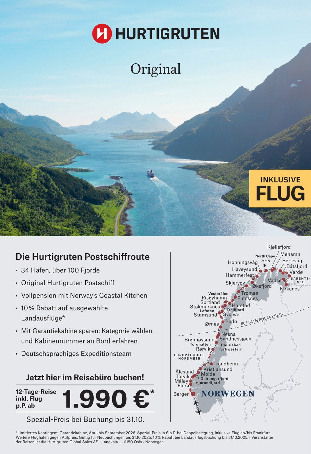 Hurtigruten Postschiffroute 2025-2026 beim Kreuzfahrtbüro Reiselotsen Hamburg telefonisch buchen | Kreuzfahrt Hurtigruten ab Bergen inklusive Fluganreise ab Deutschland, Österreich, Schweiz by Reisebüro Reiselotsen