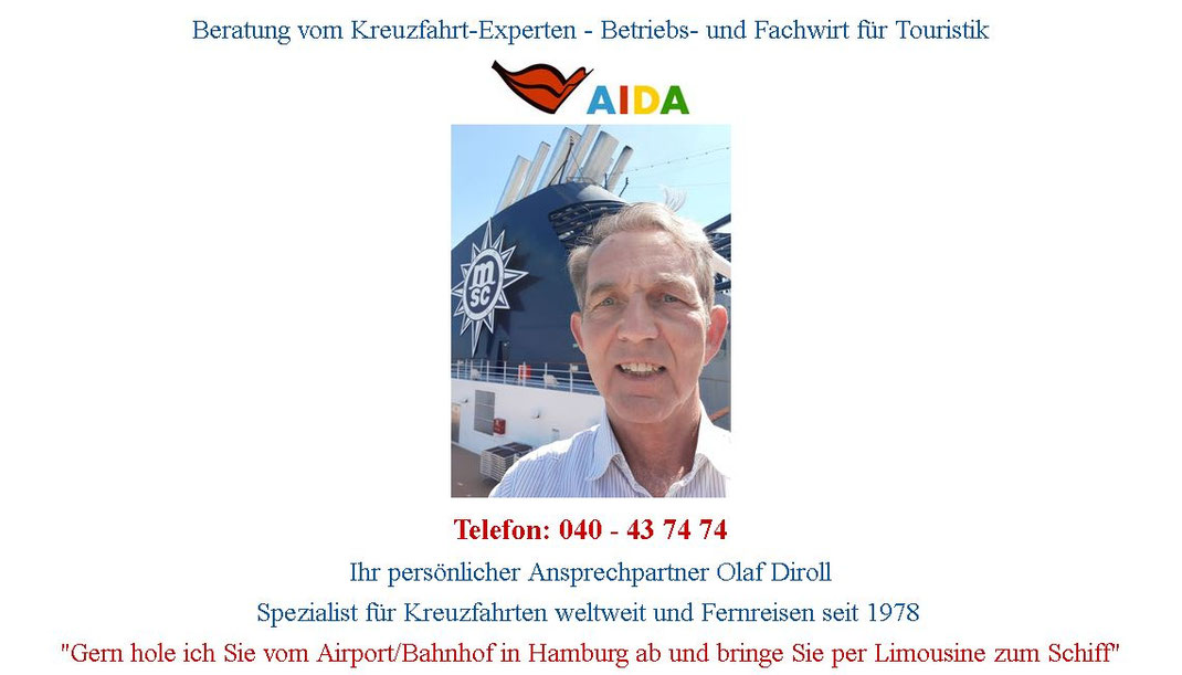 Bild zeigt Reisebüro Inhaber Olaf Diroll - Wir buchen für Sie Weltreisen in günstiger Innenkabine, komfortable Balkonkabinen & Suiten mit Aussicht auf die Highlights Ihrer Weltreise  stets inklusive frischer Meeresbrise ...