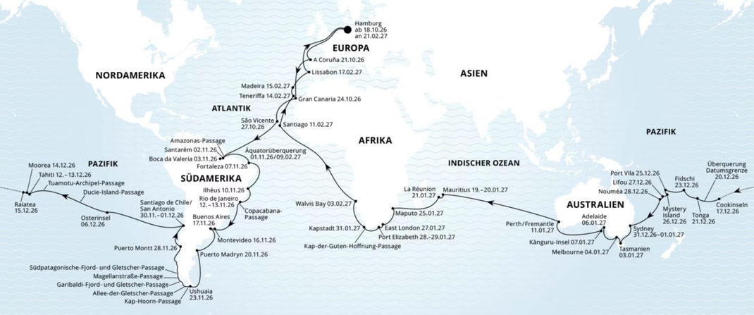 Route und Strecke mit Anlaufhäfen der AIDA Weltreise 2026-2027 mit AIDAdiva - buchen Sie im Vertragsreisebüro Reiselotsen Hamburg, telefonisch, Email oder einfach online mit Sofortbestätigung zum AIDA Originalpreis mit Frühbuchervorteilen oder peemail