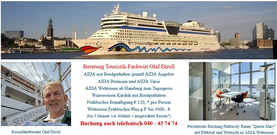 Kreuzfahrt in Hamburg im Reisebüro Reiselotsen mit Expertenberatung vom Touristik-Fachwirt - AIDA Weltreise ab Hamburg - Cunard, MSC und Hapag-Lloyd Cruises