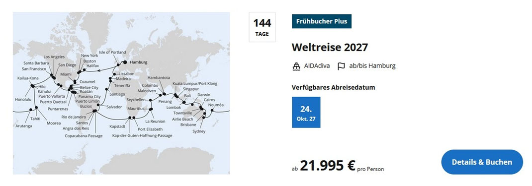 AIDAdiva Weltreise 2027 ab und bis Hamburg mit 144‑Tage‑Route über Nordamerika, Südamerika, Asien, Australien und Afrika; Weltkarte mit Reisezielen, Abreisedatum und Preisangabe, vorgestellt vom Partner Reisebüro Reiselotsen Hamburg