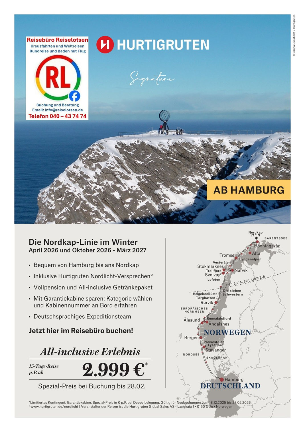 Hurtigruten Nordkap-Linie 2026-2027 - Hurtigruten Schiffsreise bequem ab/bis Hamburg beim Hurtigruten Vertrags-Reisebüro Reiselotsen Hamburg-Hafencity günstig buchen