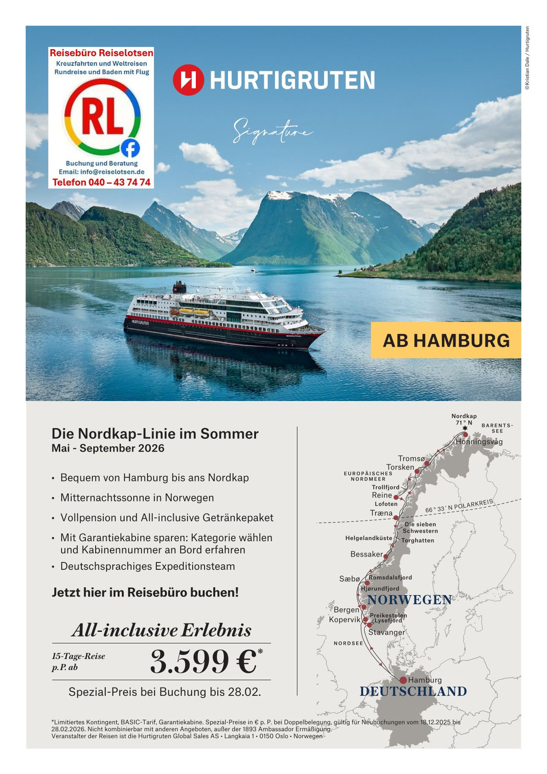 Hurtigruten Kreuzfahrt im Sommer Mai bis September 2026 mit MS Finnmarken - Informationen zur Nordkap-Linie ab Hamburg - Hurtigruten Beratung in Hamburg‑HafenCity vom Reisebüro Reiselotsen Tel. 040 - 43 74 74