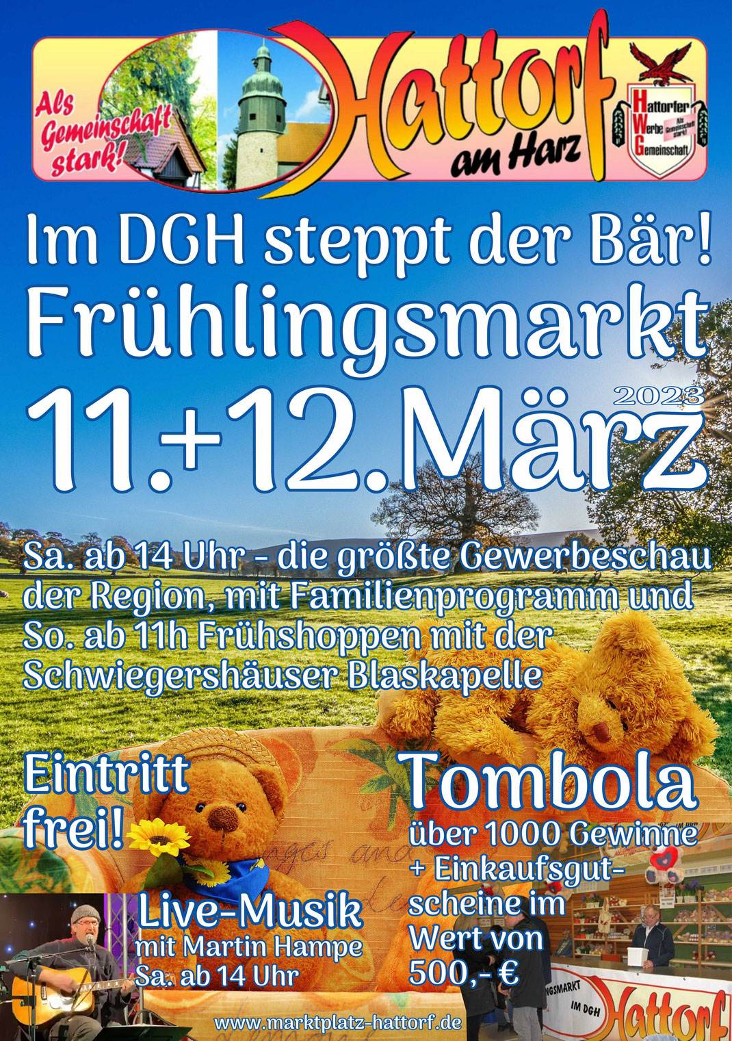 Plakat der Hattorfer Werbegemeinschaft e.V. mit der Bewerbung des Frühlingsmarktes 2023 mit Live-Musik, Programm und Tombola am 11. + 12. März 2023