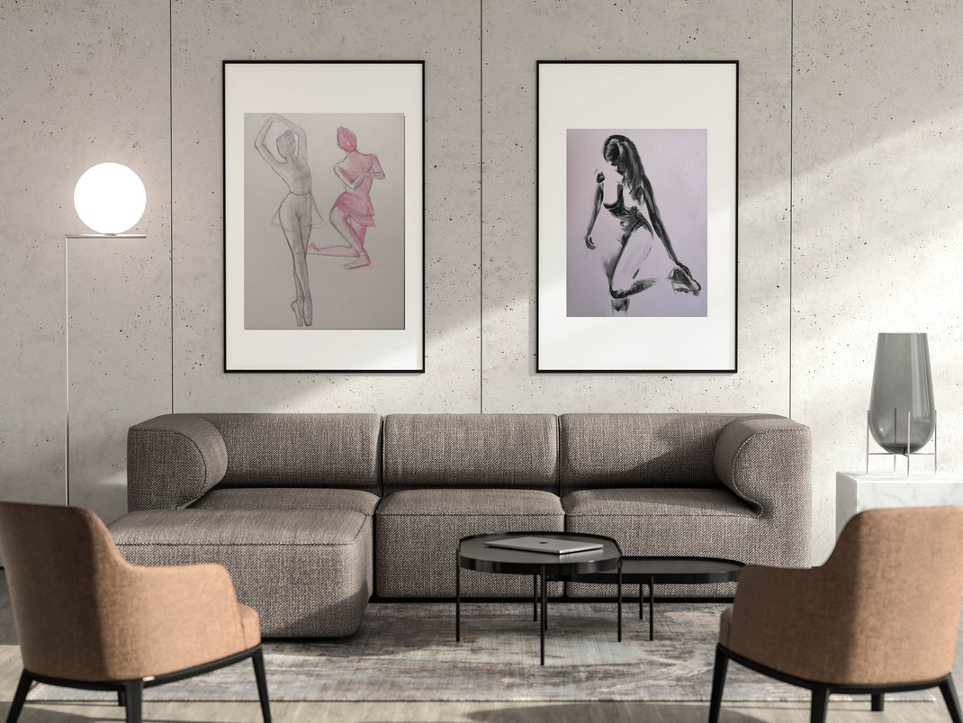 divano poltrone salotto quadri ballerine nudo donna lampada tavolino