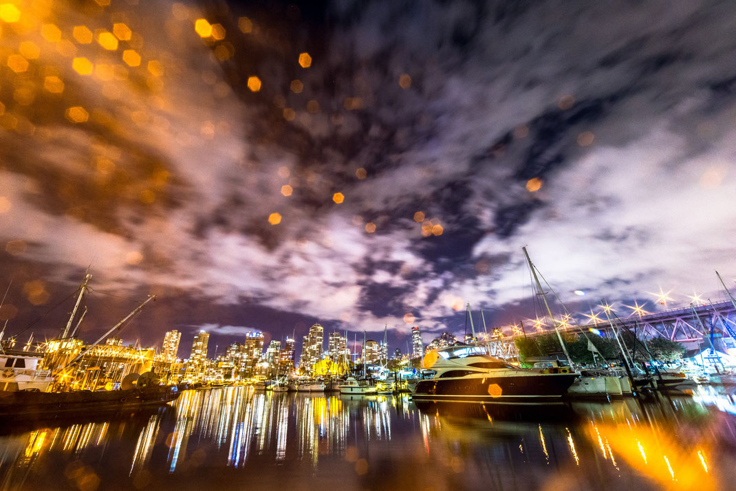 False Creek harbour illuminated at night