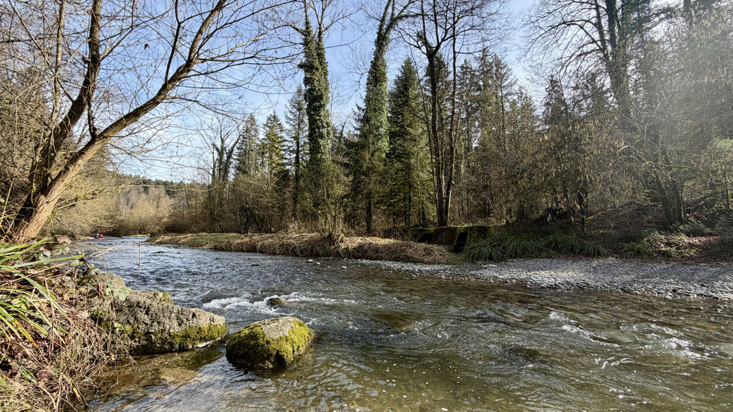 Fliessende Lorze im Lorzentobel bei Baar im Kanton Zug an einem sonnigen Wintertag.
