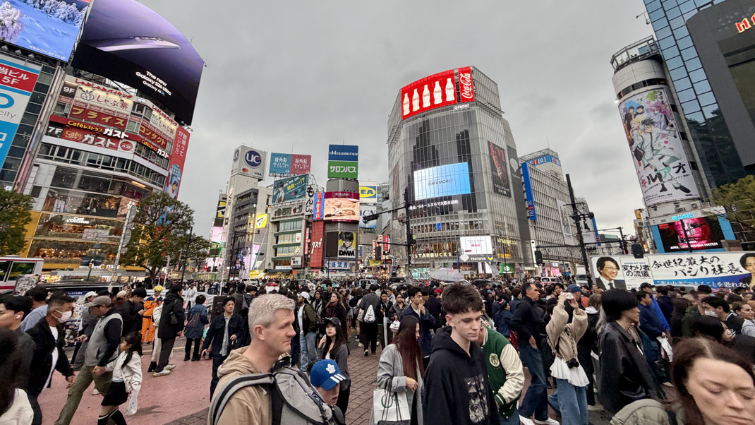 Dichte Menschenmenge an der Shibuya Kreuzung in Tokio, Neonwerbungen an den Fassaden der modernen Gebäuden im Hintergrund