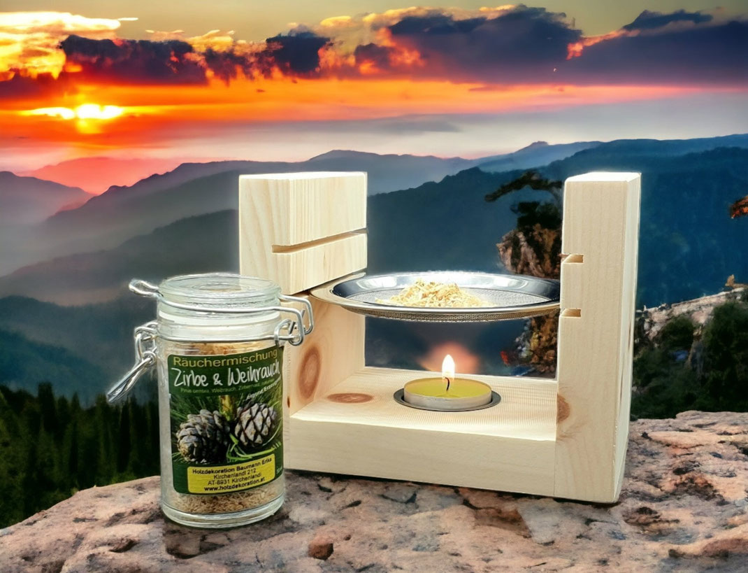 Zirbenholz Räucherstövchen mit Räuchersieb & Weihrauch