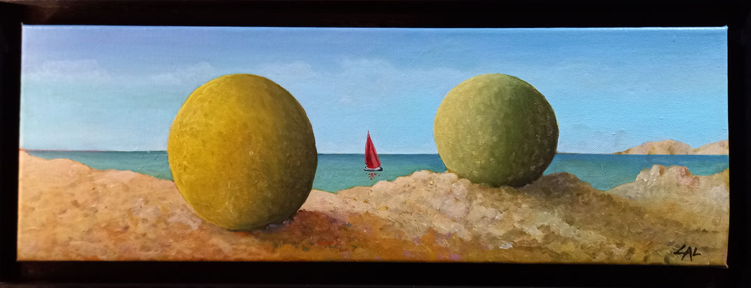 Le Voilier Rouge. Série Nouvelle Terre. Acrylique. 60 X 20 cm. Encadré. Disponible.300€.