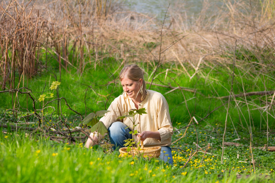 Wildpflanzenpädagogin Felicitas Selter beim Kräutersammeln im Frühjahr