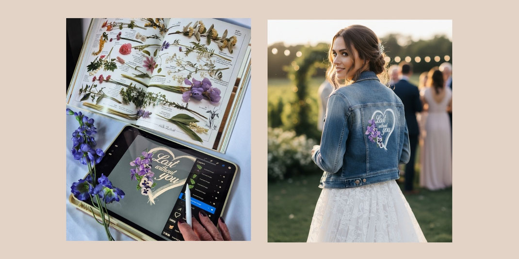 Detail handgemalter Illustration auf Jeansjacke AIM your wedding