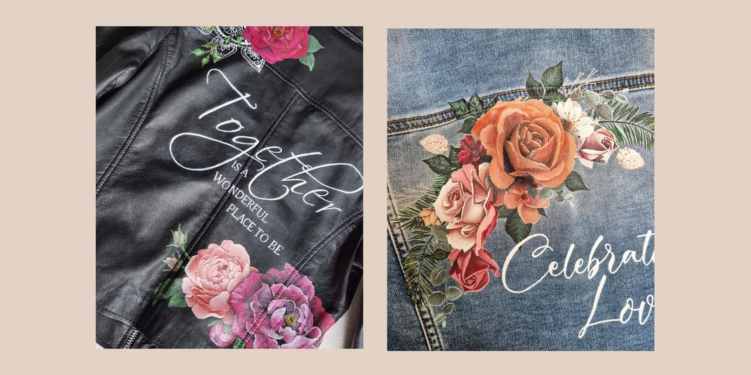 hochzeitsjacke personalisiert Florale Motive und Texte