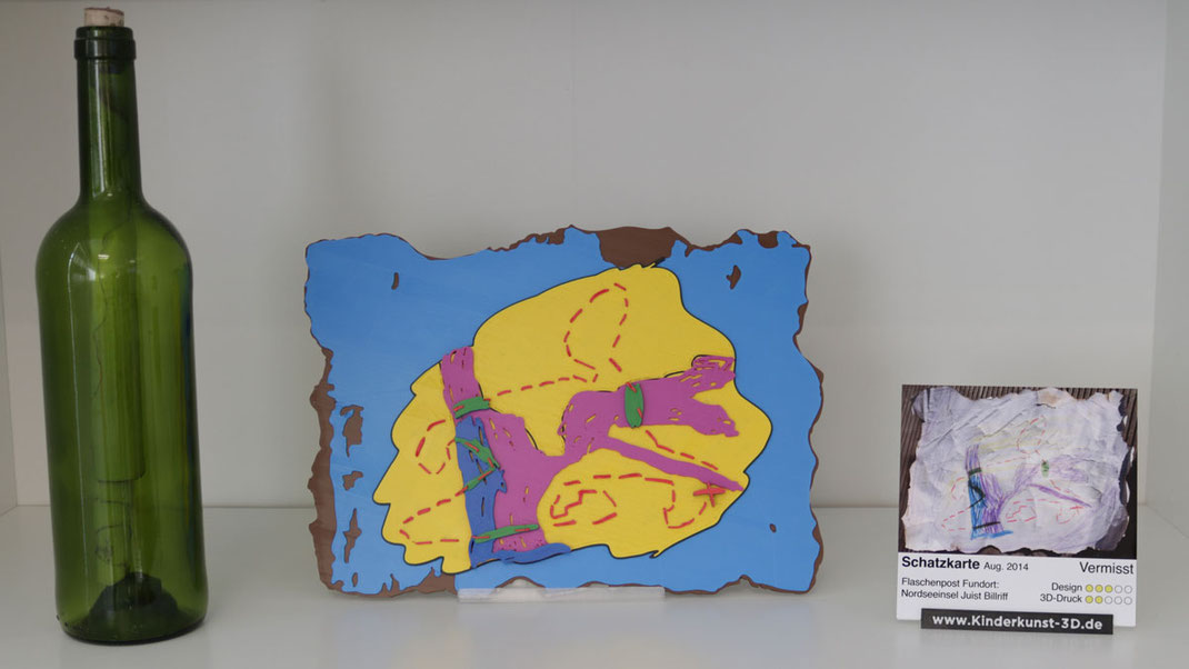 3D-Druck einer Kinderzeichnung einer Schatzkarte aus einer Flaschenpost. Gefunden Nordseeinsel Juist, Billriff, Aug. 2014