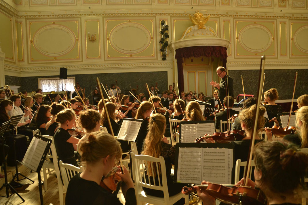 VU Orchestra Amsterdam and conductor Daan Admiraal during a rehearsal of Foreign Body. State Academic Capella, Saint Petersburg, Russia